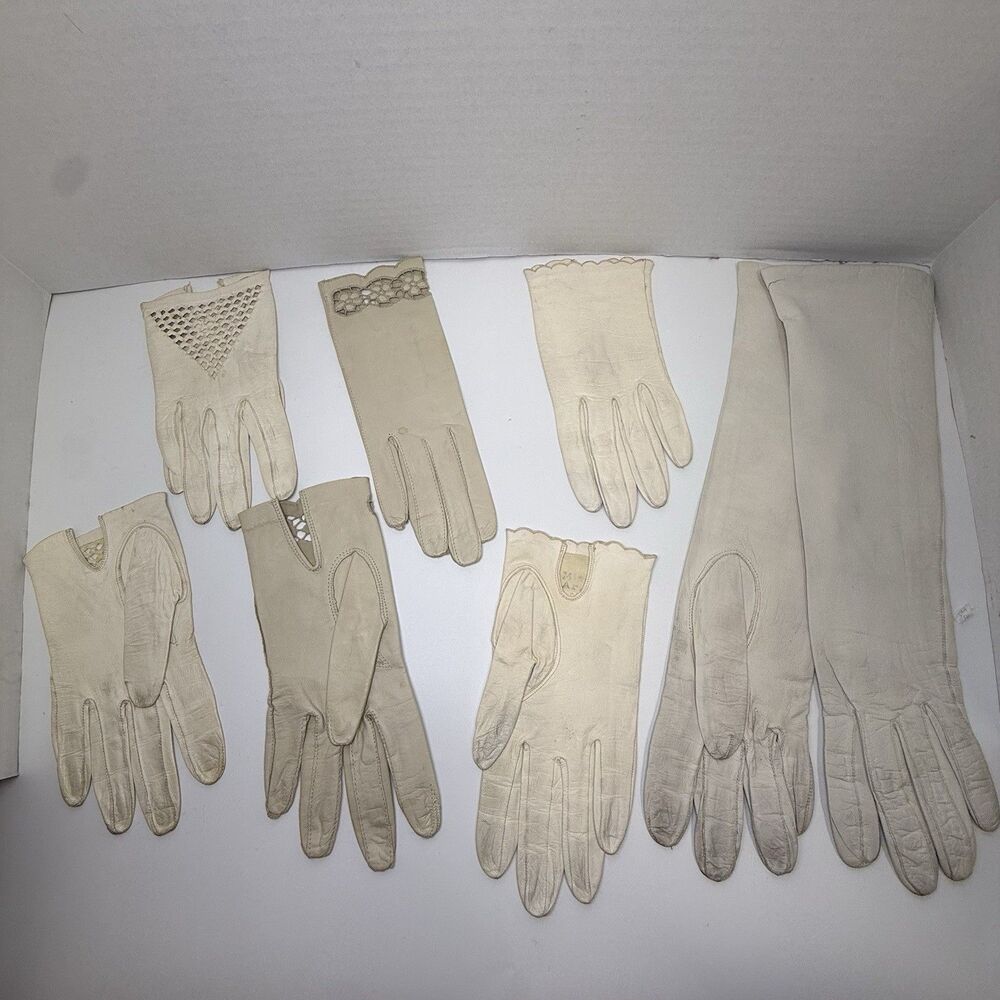 Lot Of Vintage Leather Gloves 4 Pairs Cream Mixed Styles Sizes Cosplay Props